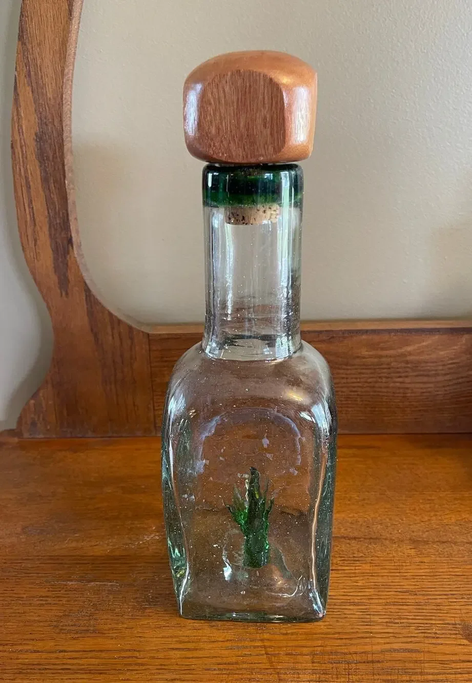 Casta Green Hand Blown Tequilla Bottle w/ Glass Agave Inside & Wood / Cork Top